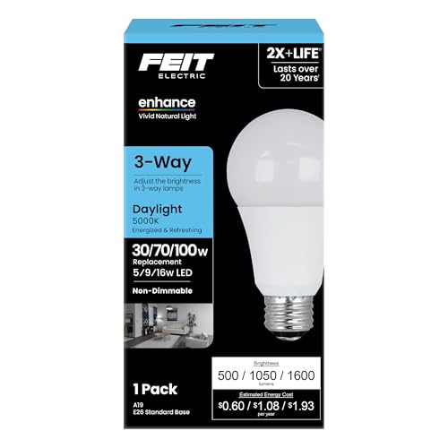 Feit Electric A19 LED Light Bulb, 3-Way Adjustable Wattage 30/70/100W Equivalent, E26 Base, Non-Dimmable, 1600 Lumen, 5000K Daylight White, General Home Lighting, 25,000-Hour Lifetime, A30/100/950CA