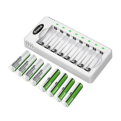 Granicell Rechargeable AA Batteries with Charger, 8 Pack 2800mAh High Capacity Ni-MH Double A Batteries with Smart 8 Bay Smart Battery Charger, USB Fast Charging