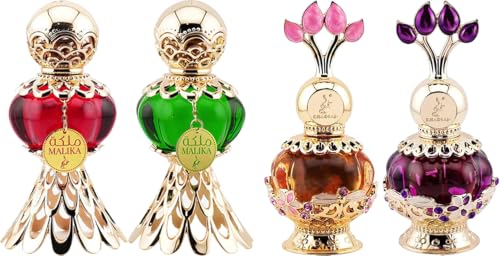 Khadlaj Malika Collection for Women 4 Pc Perfume Oil Set (Red + Green + Pink Musk + Purple Musk) 0.67 Ounce × 4
