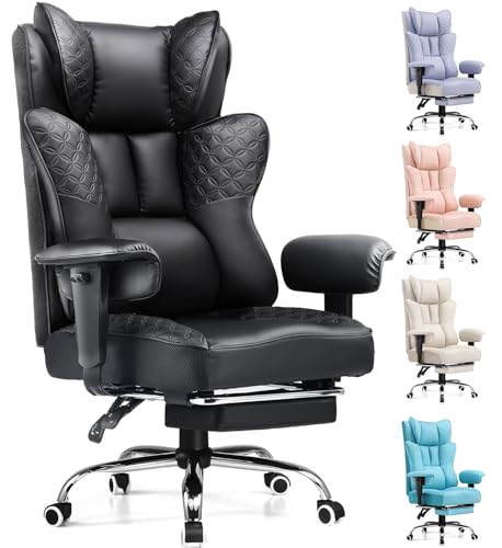 GTPLAYER Big and Tall Office Chair 400LBS Wide Ergonomic Gaming Chair with Deluxe Embossing Designed Leather with Foot Rest,150°Reclining Adjustable Soft Armrests Pocket Spring Back Support and Pillow