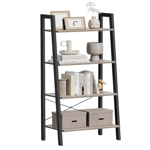 VASAGLE Ladder Shelf, 4-Tier Bookshelf, Storage Rack, Bookcase with Steel Frame, for Living Room, Home Office, Kitchen, Bedroom, Industrial Style, Heather Greige and Ink Black ULLS44MB