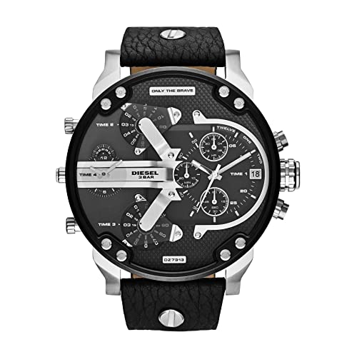 Diesel Mr. Daddy 2.0 Men's Watch, Stainless Steel and Leather Chronograph Sports Watch for Men, Color: Black/Silver