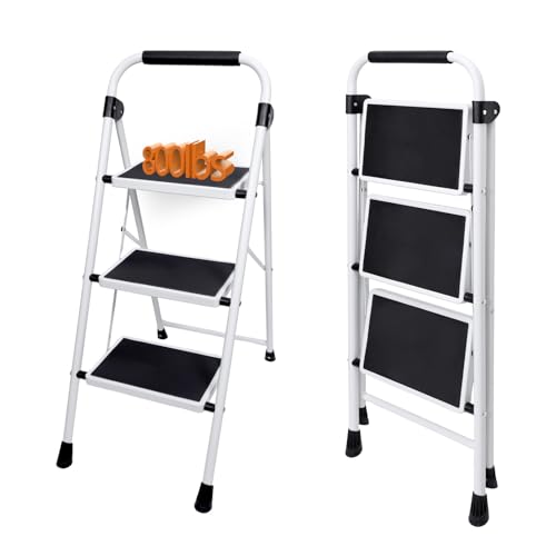 Sweetcrispy 3 Step Ladder, 330lbs Folding Step Stool with Wide Anti-Slip Pedal, Sturdy Ladder, Convenient Handrail, Lightweight, Portable Step Stool Black