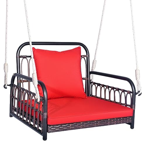 Tangkula Patio Wicker Porch Swing, Single Person Hanging Seat with Seat & Back Cushions, Reinforced Metal Frame & 2 Sturdy Hanging Ropes, Rattan Woven Swing Chair for Front Porch, Backyard (Red)