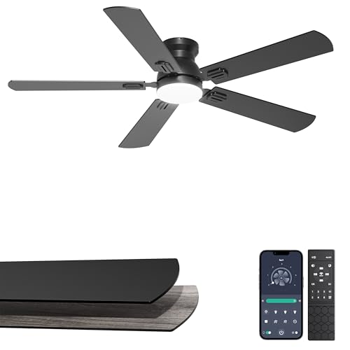 Phylluz 52'' Flush Mount Ceiling Fan with Lights, Space-Saving Low Profile for Low Ceilings, App/Remote Control, Safe Quiet DC Motor for Bedroom Living Room, Dimmable, Black