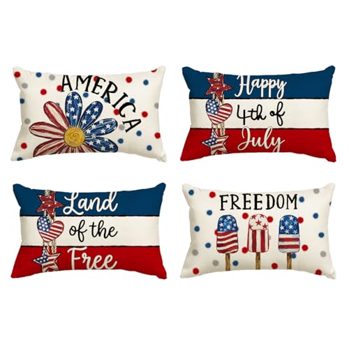 AVOIN colorlife Happy 4th of July America Freedom Polka Dot Popsicle Throw Pillow Covers, 12 x 20 Inch Land of The Free Floral Independence Day Memorial Decor Cushion Case for Sofa Couch Set of 4