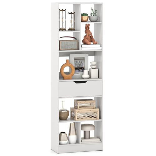 Giantex 7-Tier Bookcase with Drawer, 61” Tall White Freestanding Storage Organizer with 8 Cubes, Multifunctional Open Bookshelf Display Rack with Anti-Tipping Kits for Living Room Home Office