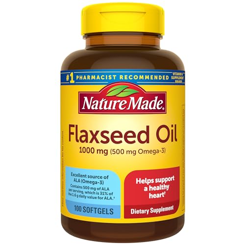 Nature Made Flaxseed Oil 1000 mg, Fish Free Omega 3 Supplement, Dietary Supplement for Heart Health Support, 100 Softgels, 100 Day Supply