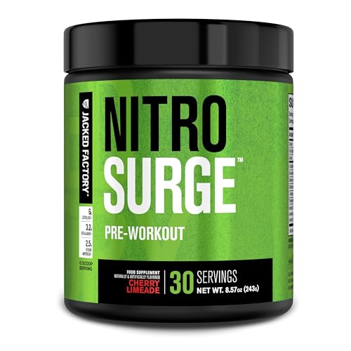 Jacked Factory NITROSURGE Pre Workout Supplement - Endless Energy, Instant Strength Gains, Clear Focus, Intense Pumps - NO Booster & Preworkout Powder with Beta Alanine - 30 Servings, Cherry Limeade