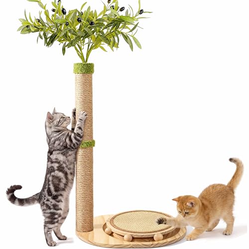 Catails 39" Tall Cat Scratching Post, Cute Olive Cat Scratcher, Interactive Cat Toys with Ball Track & Spring Ball, Sturdy Cat Scratch Post with Pad for Indoor Cats Adults and Kittens