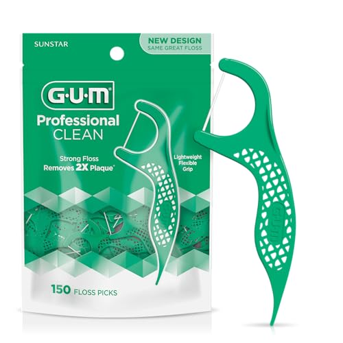GUM Professional Clean Dental Floss Picks, Extra-Strong Shred-Resistant Floss with Easy-Grip Handle, Fresh Mint Flavor, 150 Count