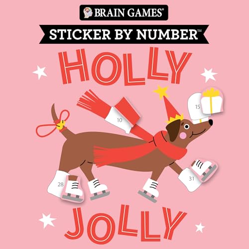 Brain Games - Sticker by Number Compact Edition: Holly Jolly | 7x7 Inches | Christmas Stocking Stuffer, Travel Size Activity Book for Adults & Kids 7+