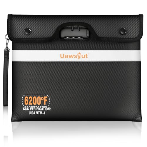 6200℉ Fireproof Document Bag with Lock, Portable Money Bag with Zipper Closure, Water Resistant Envelope with Reflective Strip for A4 Letter, Tablet, Valuables, Cash and Passport (14.3"x11.2", Black)