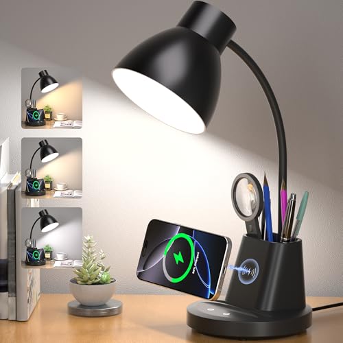 Sailstar Desk Lamp for Home Office, 10W Wireless Charging, Eye-Caring LED Desk Light, CRI 95+ 3 Color Modes Stepless Dimming Pen Holder, 360° Flexible Arm Desk Lamps for College Dorm, Adapter Included