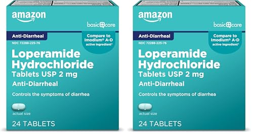 Amazon Basic Care Loperamide Hydrochloride Tablets,2 mg,Anti-Diarrheal,(Packaging May Vary),24 Count (Pack of 2)