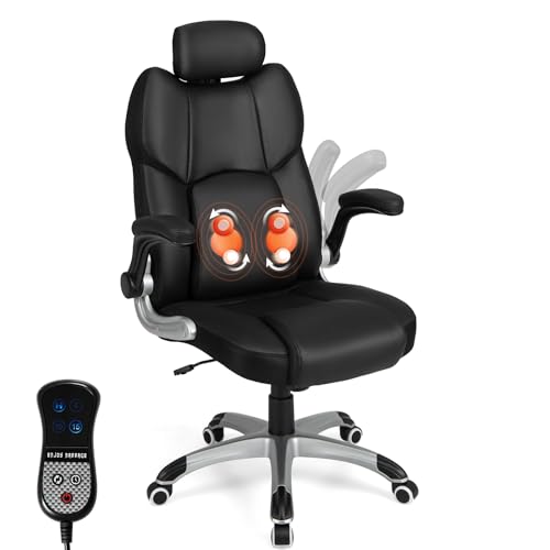 COSTWAY Executive 3D Massage Office Chair, Faux Leather Computer Desk Chair w/Adjustable Headrest & Lumbar Support, High Back Home Office Chair with Flip-up Armrests, Remote Control, Black