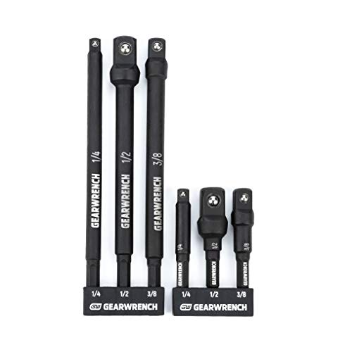 GEARWRENCH 6 Pc 1/4" Drive Hex Shank Impact Socket extensions - 1/4", 3/8" and 1/2" Drive sizes - 2-1/2" & 6" long - 84971A-02