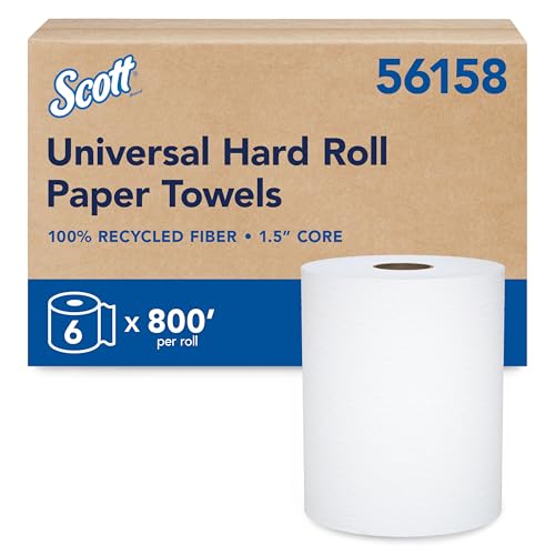 Scott Professional Universal 100% Recycled Fiber Hard Roll Paper Towels, Bulk (56158), Hardwound 1.5" Core, Absorbency Pockets, Compressed, White (6 Rolls at 800' Each, 4,800'/Case)
