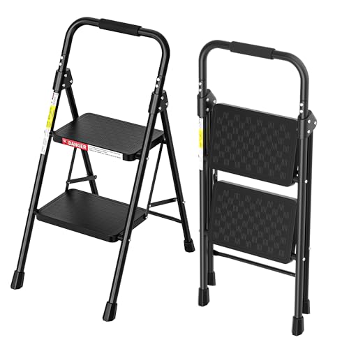 HBTower 2 Step Ladder, Folding Step Stool with Wide Anti-Slip Pedal, Step Stool Foldable with Cushioned Handle for Home and Kitchen, Black