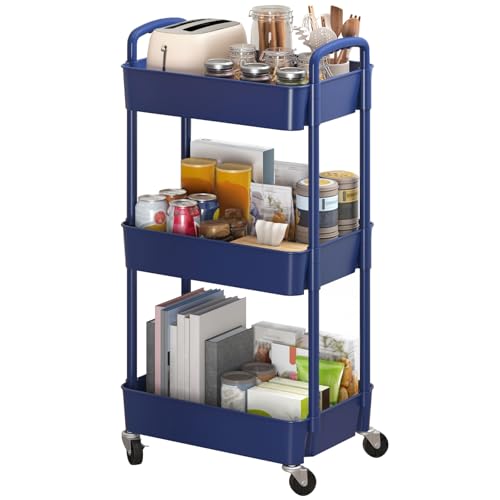 Sywhitta 3-Tier Plastic Rolling Utility Cart with Handle, Multi-Functional Storage Trolley for Office, Living Room, Kitchen, Movable Storage Organizer with Wheels, Blue