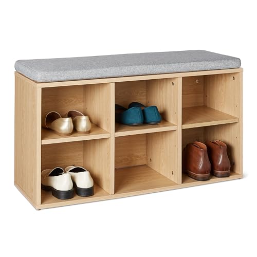 Amazon Basics Shoe Storage Bench with Cushion, 6 Cubbies, Adjustable Shelves, Oak Finish, 87cm W x 47.6cm H
