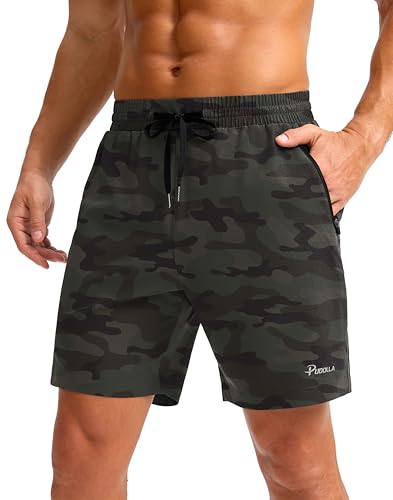 Pudolla Mens Running Shorts with Zipper Pockets 7 Inch Lightweight Quick Dry Gym Athletic Workout Shorts(Grey Sage Camo XL)