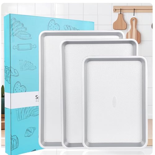 Spmarkt 3-Piece Non-Stick Baking Sheet Set | PFOA/PFOS/PTFE-Free, 0.8mm Heavy-Duty Steel with Diamond Texture Surface | Stackable Design for Roasting, Baking & Toasting