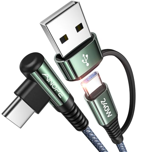 AINOPE 10 FT USB C Cable Fast Charging, 240W USB-C Charge Cable with Adapter, Fast Charger USB C Cable Supports 100W, Right Angle USB C Fit MacBook Pro/Air, iPad Pro/Air, iPhone 17/16/15, 10FT Grey