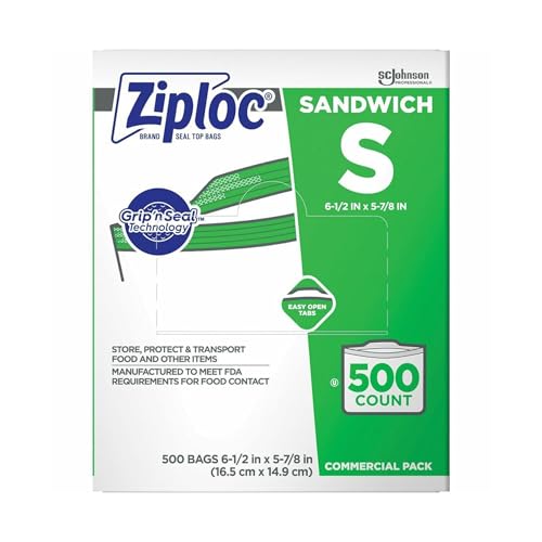 SC Johnson Professional Ziploc Brand Sandwich Bags, Food Storage Ziploc Brand Bags, Easy Open Tabs, Commercial Pack, 500 Count Box, for Professional Use Only