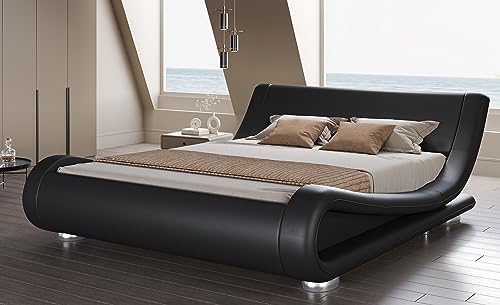 SHA CERLIN Full Size Upholstered Bed Frame, Deluxe Low Profile Sleigh Bed with Faux Leather Ergonomics Headboard, No Box Spring Needed & Easy Assembly, Black