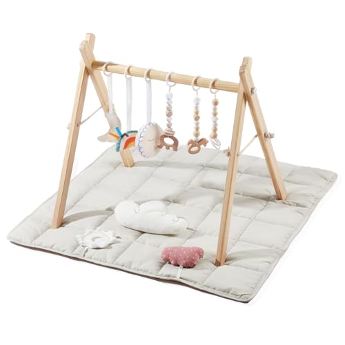 little dove Baby Gym with Mat, Wooden Play Gym with 9 Sensory Toys, Foldable Baby Play GymFrame Activity Center, Natural Pine Wood, Montessori Toys, Easy to Assemble & Clean, Natural Color