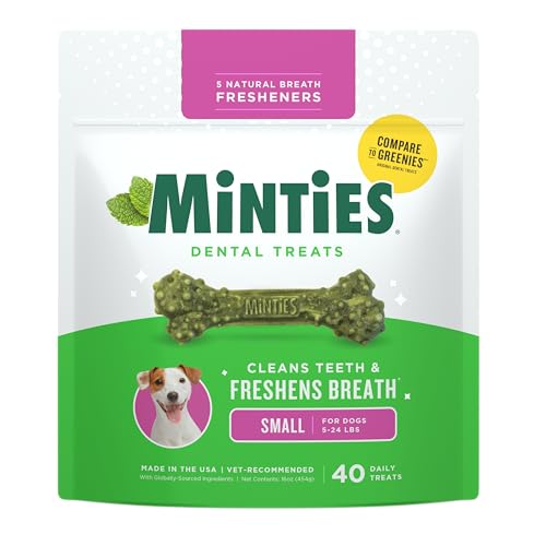 Minties Dog Dental Bone Treats, Tiny/Small Dental Dog Treats, 16 Ounces, Cleans Teeth, Fight Bad Breath, Removes Plaque and Tartar, 40 Count