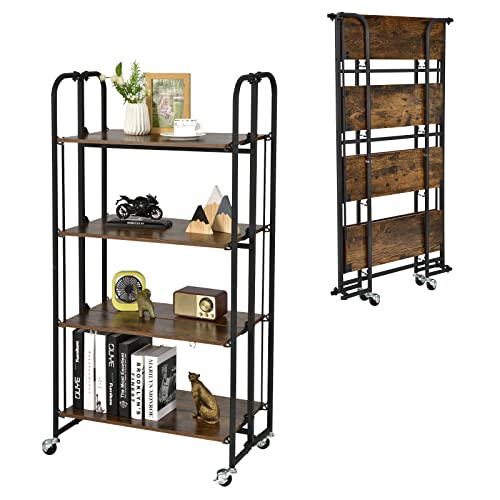 Giantex Foldable Storage Shelves with Wheels, No Assembly 4-Tier Rolling Cart, 2 of The Wheels Have Locks, Microwave Utility Cart Baker Rack, Portable Storage Rack w/Metal Frame, for Kitchen, RV