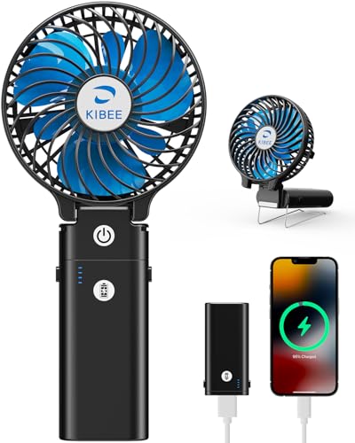 KIBEE Portable Handheld Fan - 5200mAh USB Rechargeable [20H Max Runtime], Foldable 180 Mini Personal Fan, 3-Speed with Stand for Travel/Outdoor/Makeup/Concerts (Black)