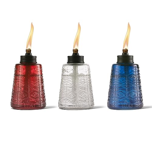 TIKI Molded Glass Decorative Tabletop Torches (Set of 3) – Red, White & Blue Outdoor Lighting for Lawn, Patio & Garden | Weather-Resistant | Includes Long-Lasting Wick & Snuffer