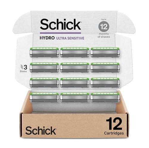 Schick Hydro Ultra Sensitive Razor Refills, 12ct | 3 Blade Razor Heads for Men, Shaving Blades, 12 Refills