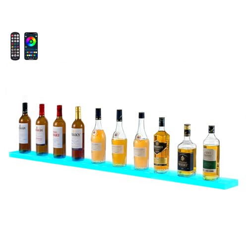 VEVOR LED Lighted Liquor Bottle Display, 1 Tier 60 Inches Whiskey Rack, Supports USB, Illuminated Home Bar Shelf with RF Remote & App Control, 7 Static Colors, Acrylic Lighted Shelf for 15 Bottles