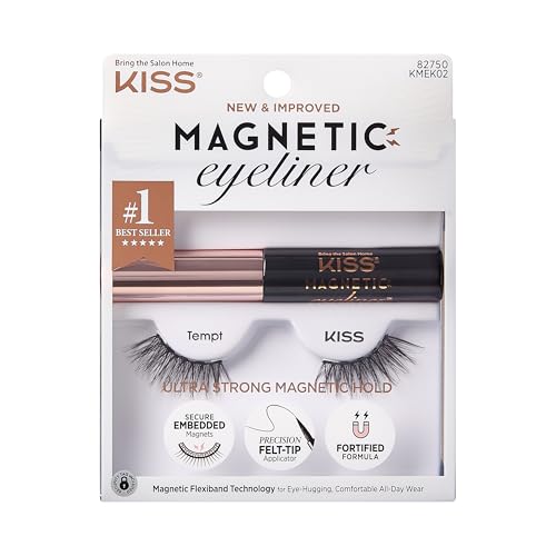 Kiss Magnetic False Eyelashes and Eyeliner, ‘Tempt’, 14mm, Easy to Apply, Reusable, No Glue, Flexiband Technology, Precision Felt Tip, Fortified Formula, 1 Pair Strip Lashes
