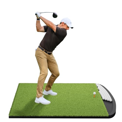 Integrated Golf Hitting Mat with Curved Ball Tray 5x4ft 6x4ft 26mm 31mm Thickening Golf Practice Mats Indoor & Outdoor, Durable Golf Turf Matt with 3 Tees for Hitting Chipping Striking, Swinging
