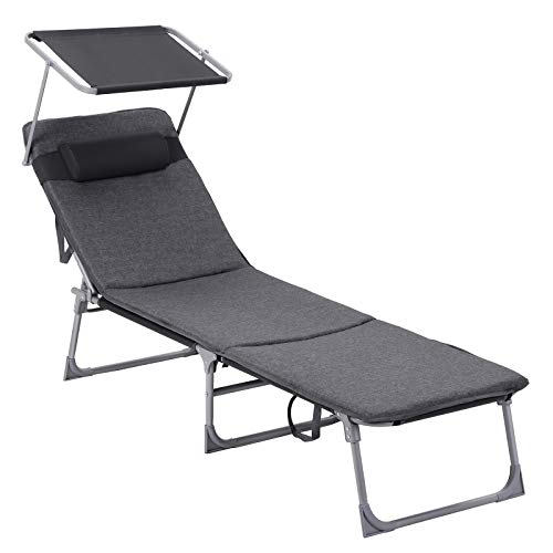 SONGMICS Sun Lounger, Patio Chaise Lounge Chair, Folding, with Canopy, Cushion, 76 x 20.9 x 11.4 Inches, Holds 330 lb, Headrest, Adjustable Backrest, Outdoor Garden Pool, Dark Gray UGCB19UMV1