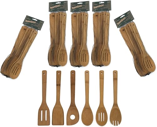 Lipper International Bamboo Wood Kitchen Tools in Mesh Bag, Includes Slotted Spatula, Spatula, Pointy Spoon, Spoon, Slotted Spoon, Spoon Fork, Set of 36