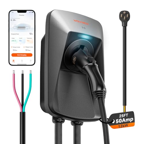 WOLFBOX Level 2 EV Charger 50 Amp J1772,Hardwired EV Charger Level 2 with NEMA 14-50 Plug 25ft Cable,Indoor/Outdoor,Smart APP&RFID Card Control,240V Electric Car Charger for Electric Automobile(WE50)