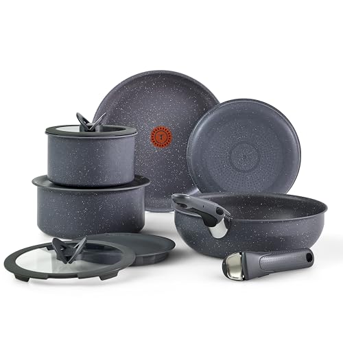 T-fal Ingenio Essentials Cookware Set with Detachable/Removable Handle 11 Piece, Granite Titanium Non Stick, Oven Broiler Safe 500F, Stackable, Pots and Pans Set, Frying Pans, Dishwasher Safe, Gray