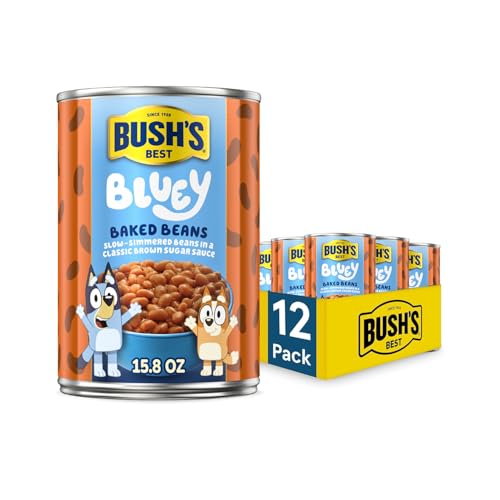 BUSH'S BEST 15.8 oz Canned Bluey Original Baked Beans, Source of Plant Based Protein and Fiber, Low Fat, Gluten Free, (Bluey), (Pack of 12)