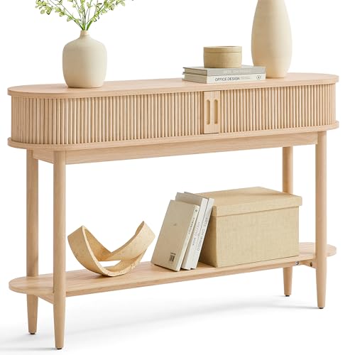 LINSY HOME Fluted Console Table, Mid-Century Modern Entryway Cabinet with Sliding Tambour Doors, Narrow Long Sofa Table, Behind-The-Couch Table for Living Room, Hallway (Light Oak)