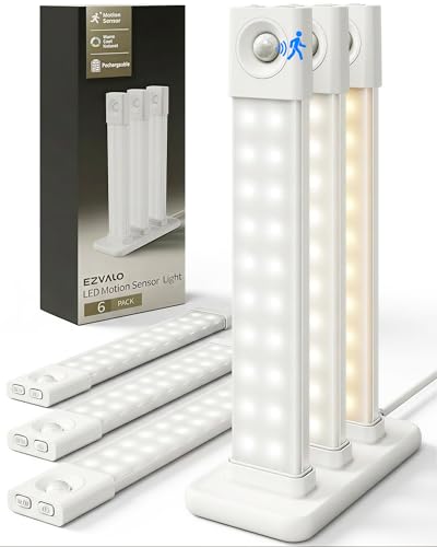 EZVALO 6 Pack LED Under Cabinet Lights Wireless with Charging Station, 8 inch Motion Sensor Light Indoor, 1100mAh Rechargeable, 3 Color Temperatures, Dimmable Closet Lights for Pantry, Hallway, Stair