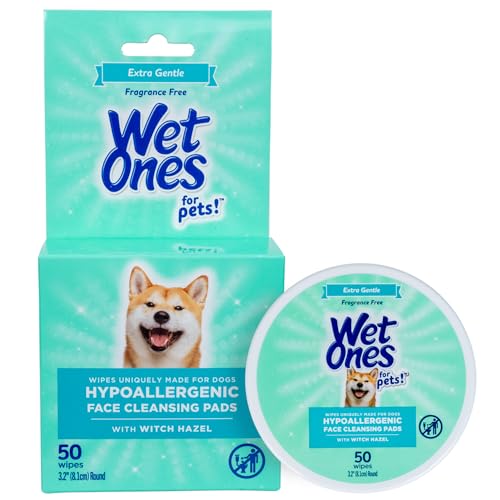 Wet Ones for Pets Hypoallergenic Face Cleansing Pads for Dogs, Fragrance Free - Small, Disposable Round Dog Face Cleaning Wipes, Extra Gentle, 50 Count