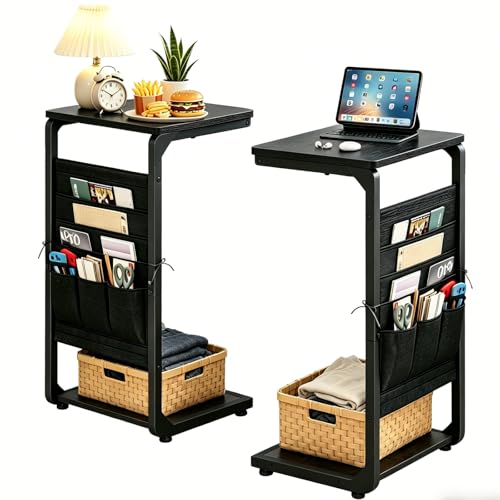 Wood Pedestal Small TV Trays Set of 2, C Shaped End Table Storage Bag, Sofa Side Table for Couch Stand, TV Tray Tables for Eating Food Dinner Laptop on Bed Bedroom Bedside Living Room, Black ET-P-BKW2