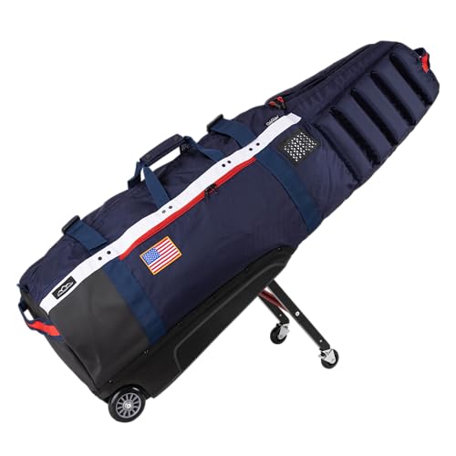 Sun Mountain ClubGlider Meridian Golf Travel Bag - 4-Wheel Rolling System, Extendable & Retractable Legs for Easy Transport, Effortless Travel & Maneuverability - Navy-White-Red