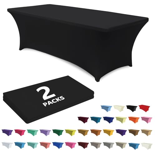 ABCCANOPY 2 Pack 6 FT Black Spandex Table Cover Stretch Fitted Wrinkle Resistant Tablecloth Reuse for Rectangular Folding Table Patry Event Wedding Banquet Protector